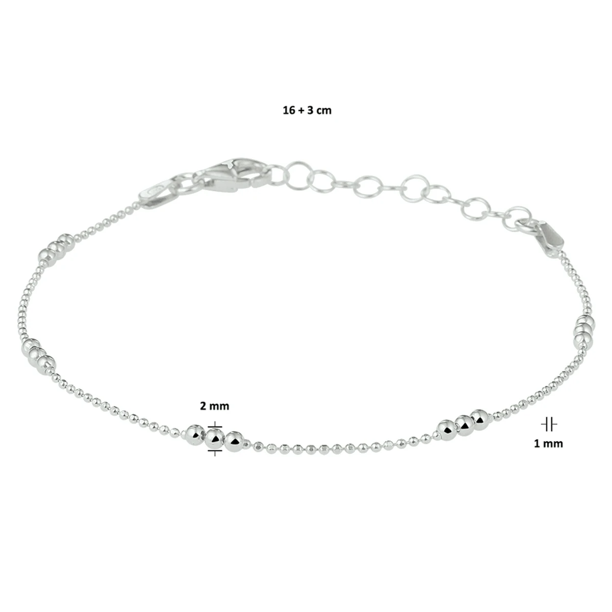 armband bolletjes 2,0 mm 16 + 3 cm zilver gerhodineerd