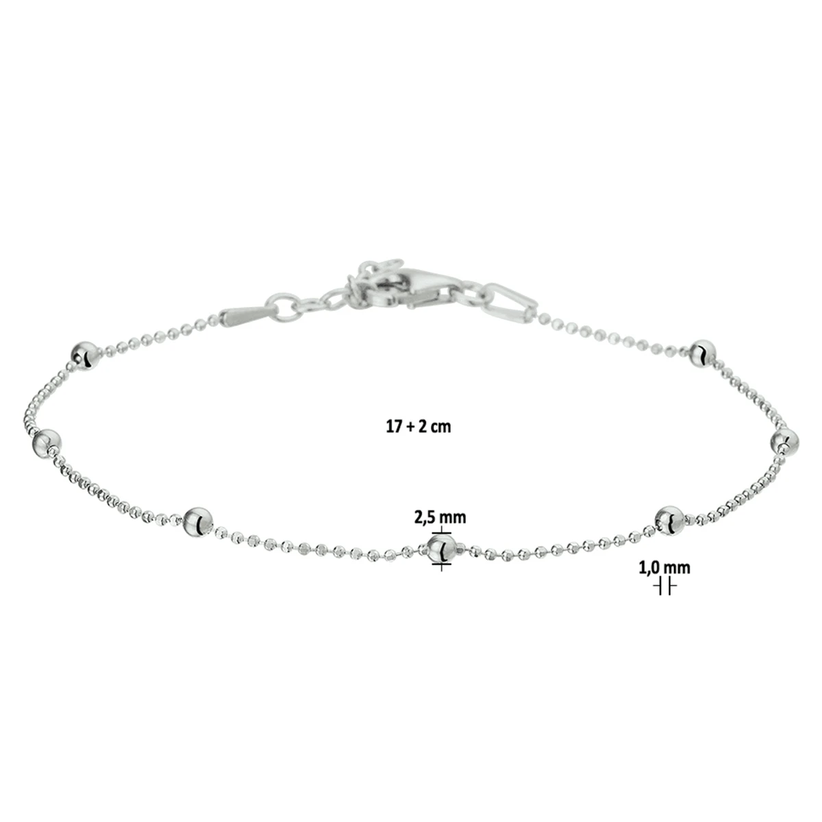armband bolletjes 2,5 mm 17 + 2 cm zilver gerhodineerd