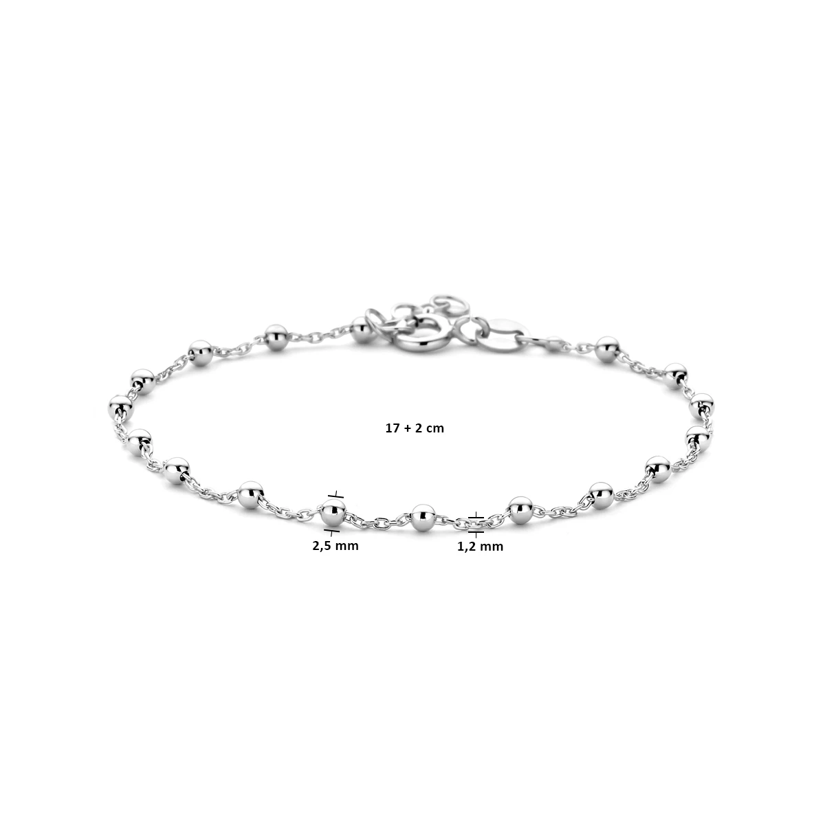 armband bolletjes 2,5 mm 17 + 2 cm zilver gerhodineerd