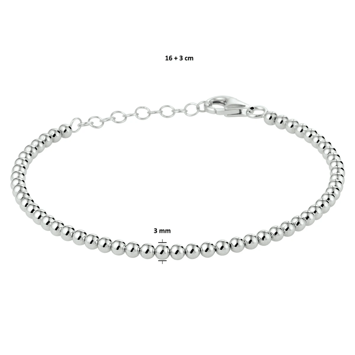 armband bolletjes 3,0 mm 16 + 3 cm zilver gerhodineerd