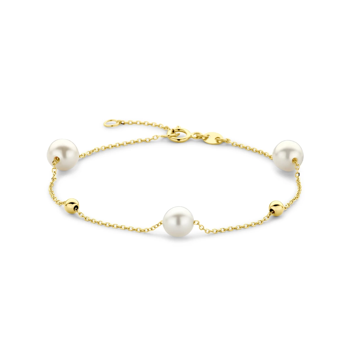 armband bolletjes en parels 16,5 - 18,5 cm 14K geelgoud