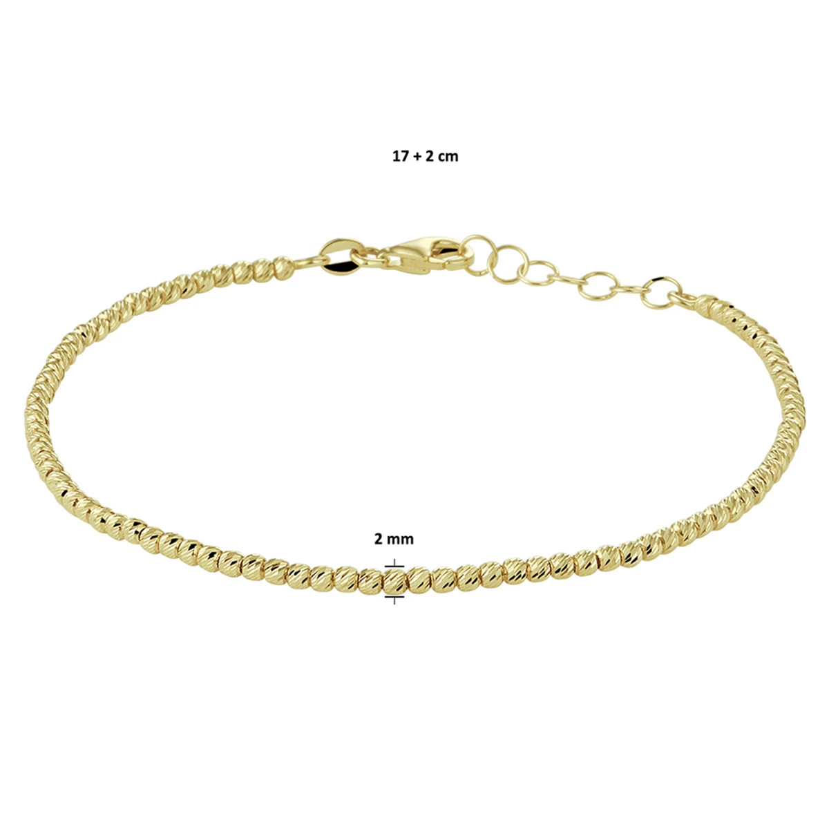 armband bolletjes gediamanteerd 2,0 mm 17 + 2 cm 14K geelgoud