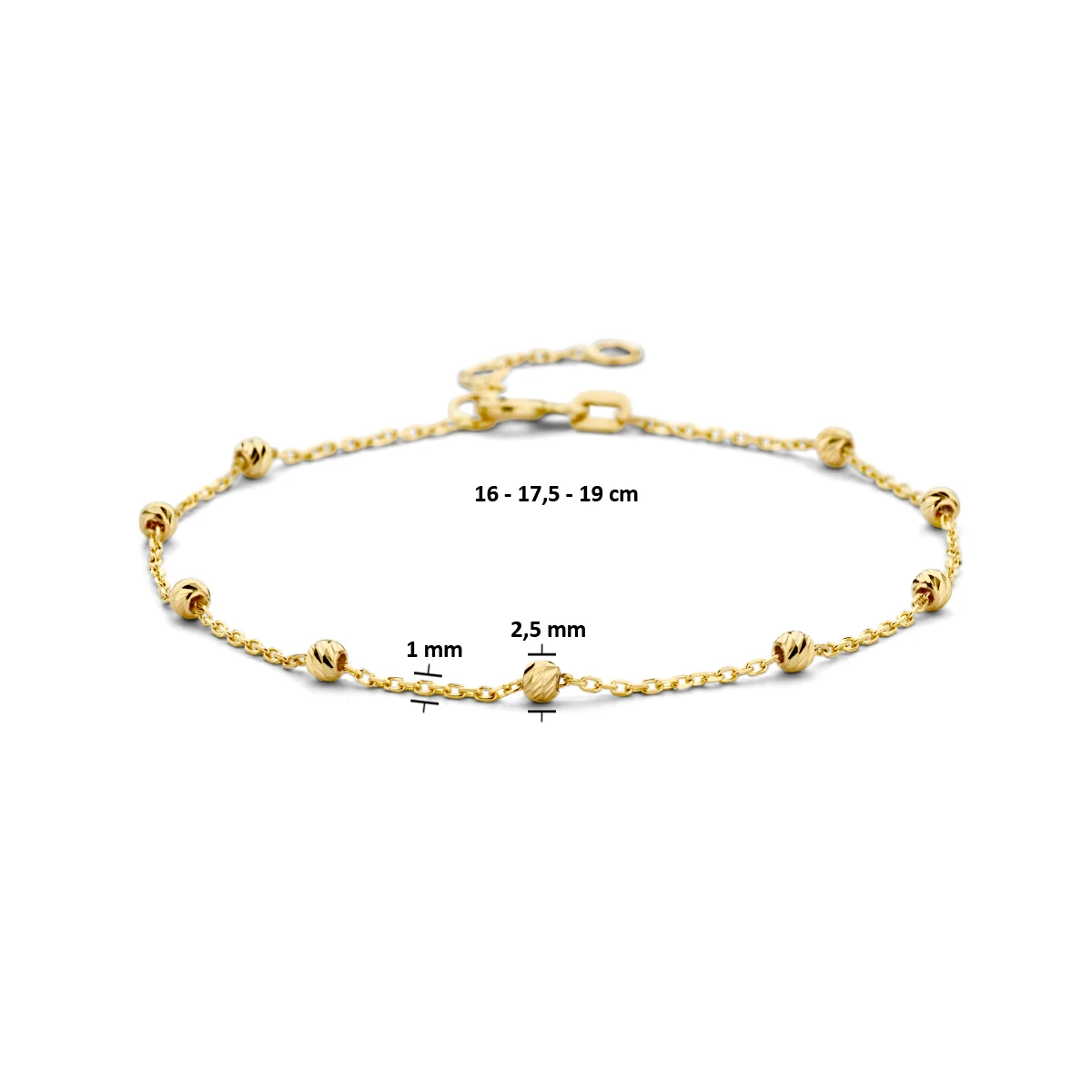 armband bolletjes gediamanteerd 2,5 mm 16,5 - 17,5 - 19 cm 14K geelgoud