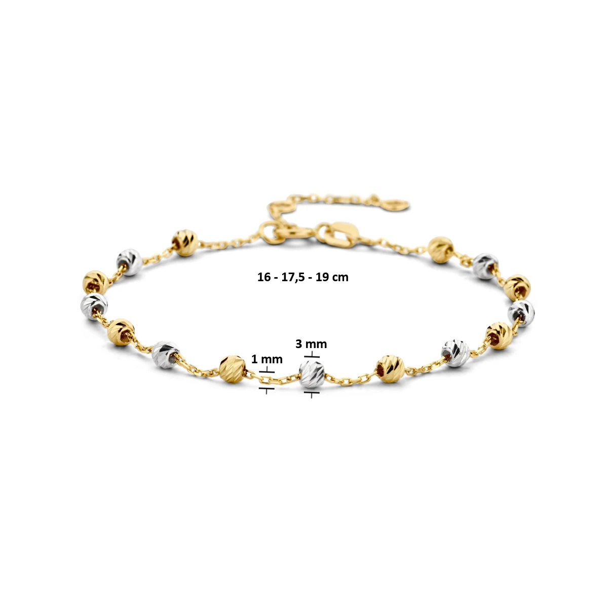 armband bolletjes gediamanteerd 3,0 mm 16 - 17,5 - 19 cm 14K bicolor goud geel/wit