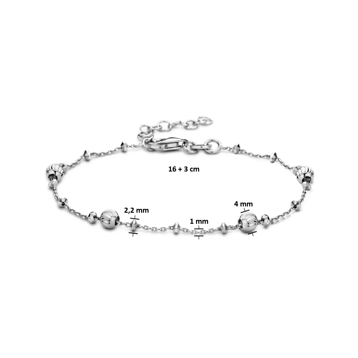 armband bolletjes gediamanteerd 4,0 mm 16 + 3 cm zilver gerhodineerd