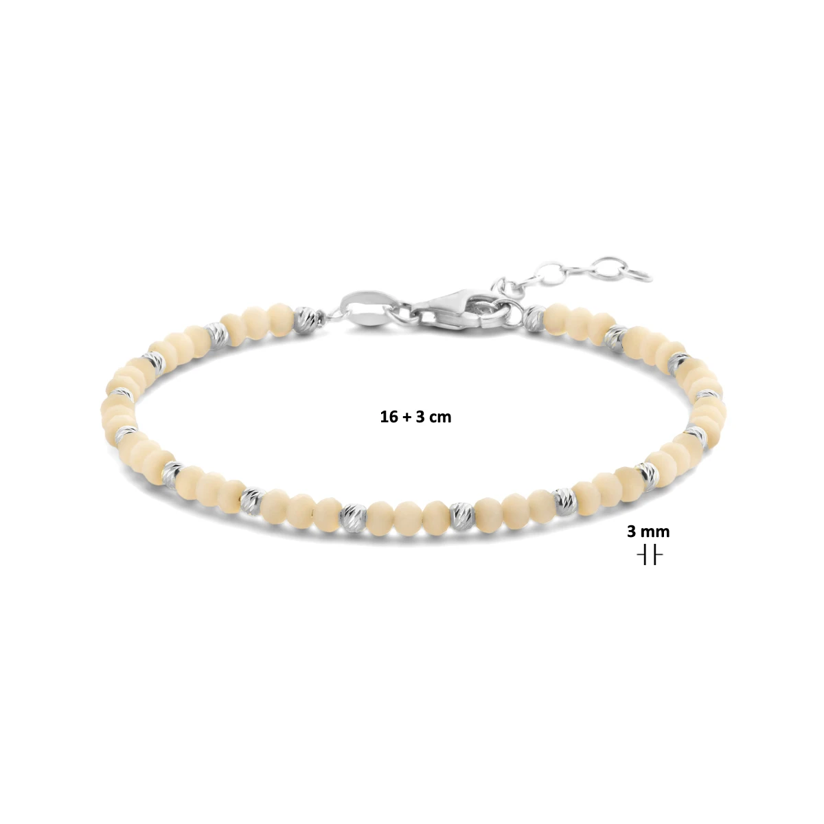 armband bolletjes gediamanteerd en zachtgeel glas 3,0 mm 16 + 3 cm zilver gerhodineerd