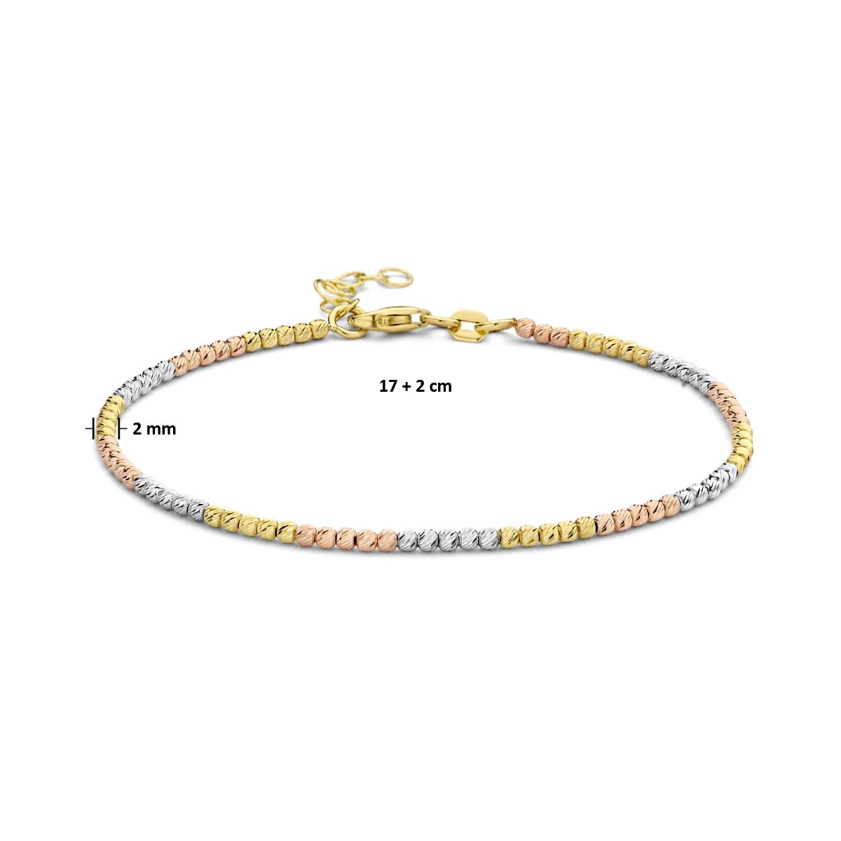 armband bolletjes gediamanteerd tricolor 2,0 mm 17 + 2 cm 14K tricolor goud