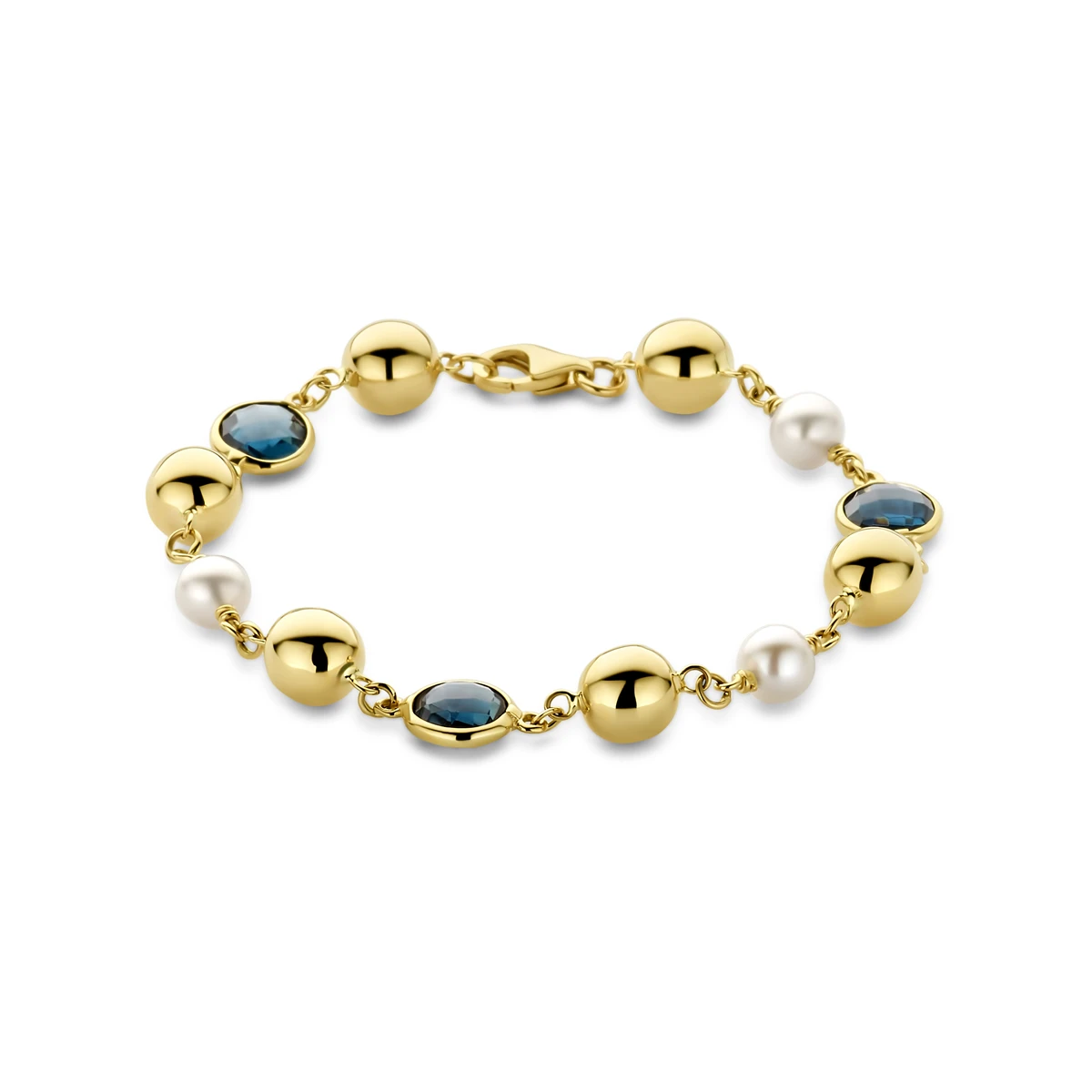armband bolletjes, parels en london blue topaas 19 cm 14K geelgoud