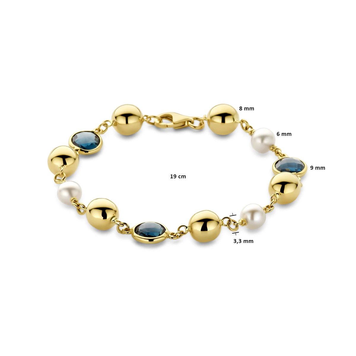 armband bolletjes, parels en london blue topaas 19 cm 14K geelgoud