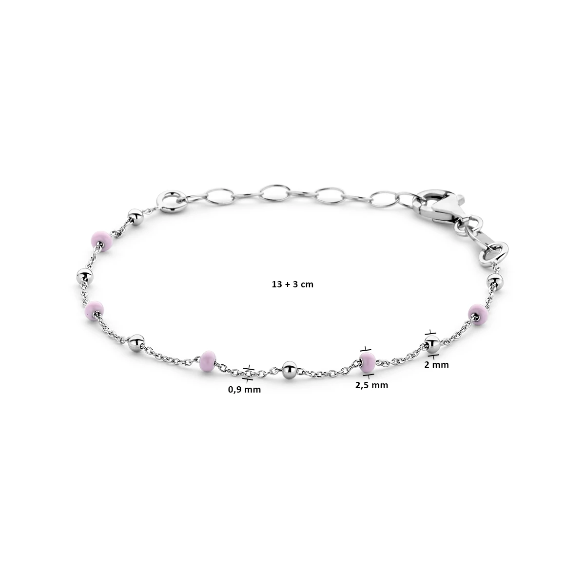 armband bolletjes roze emaille 13 + 3 cm zilver gerhodineerd
