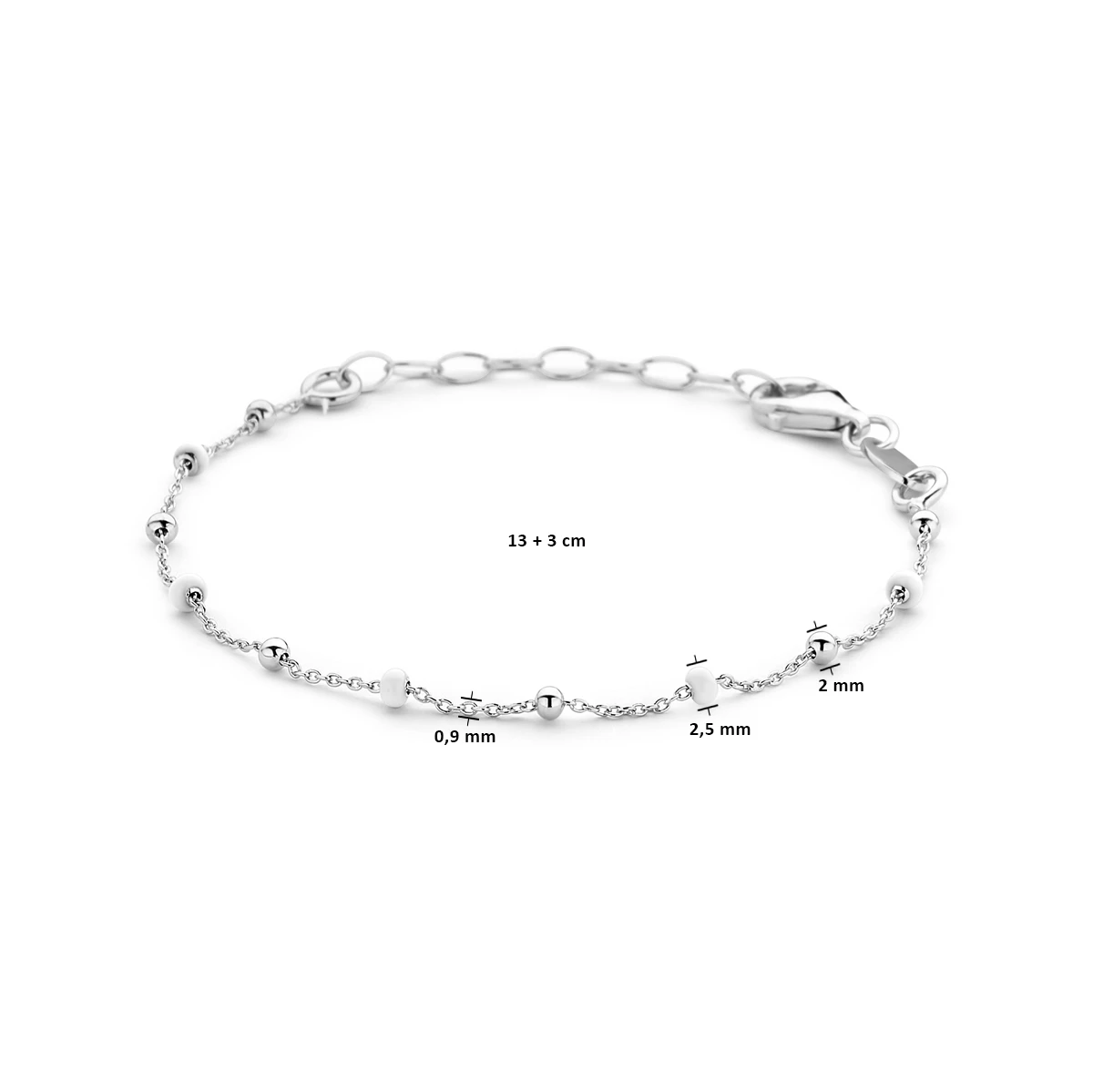 armband bolletjes wit emaille 13 + 3 cm zilver gerhodineerd