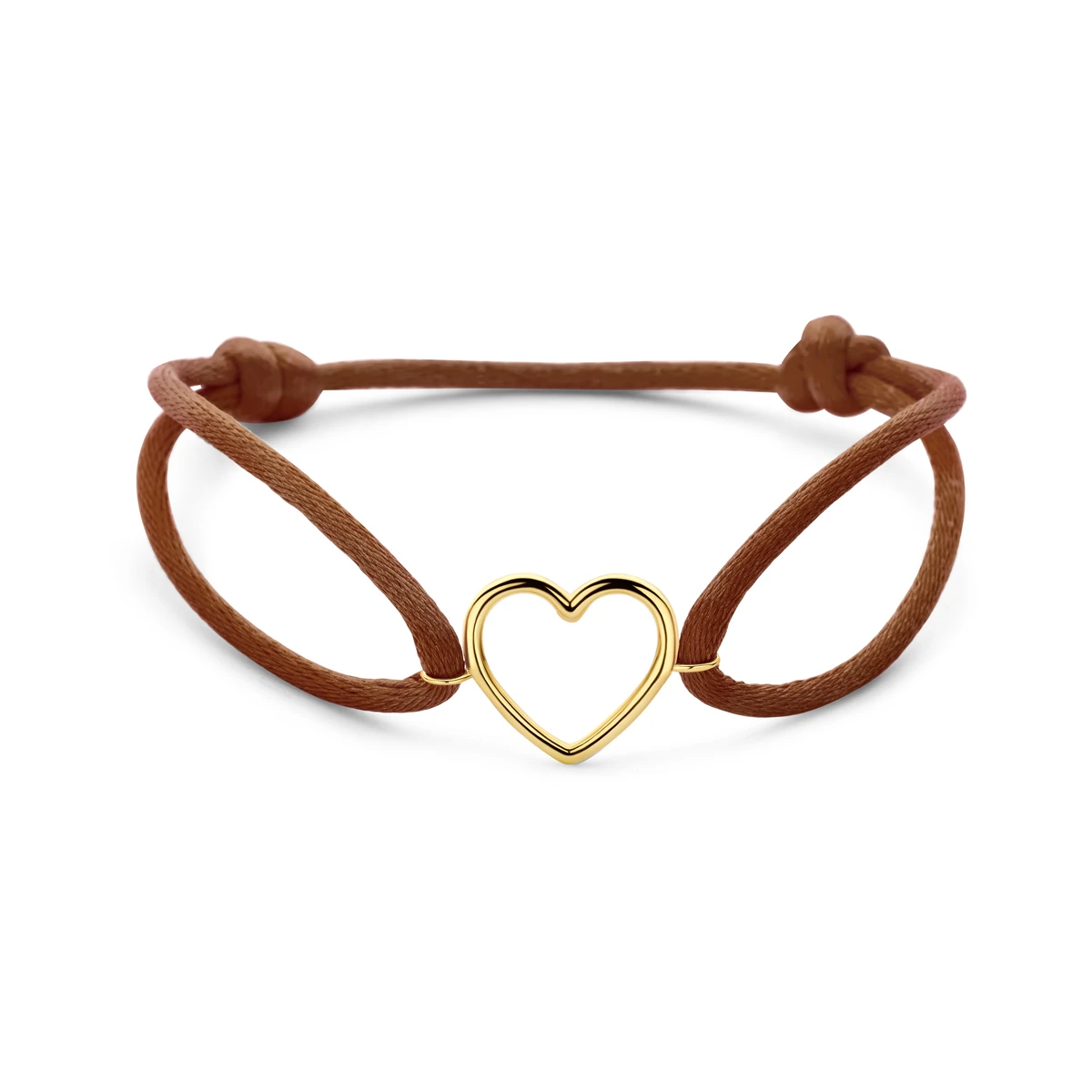 armband bruin satijn hartje 13 - 26 cm 14K goud met rubber/nylon/leer