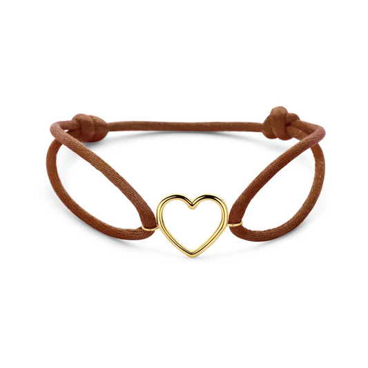 armband bruin satijn hartje 13 - 26 cm 14K goud met rubber/nylon/leer
