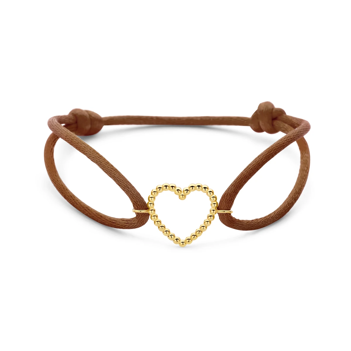 armband bruin satijn hartje 13 - 26 cm 14K goud met rubber/nylon/leer