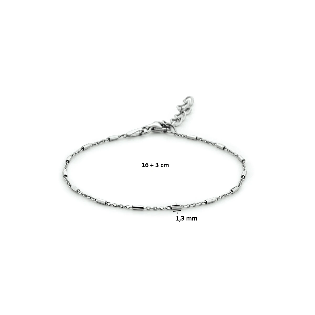 armband buisjes 1,3 mm 16 + 3 cm zilver gerhodineerd