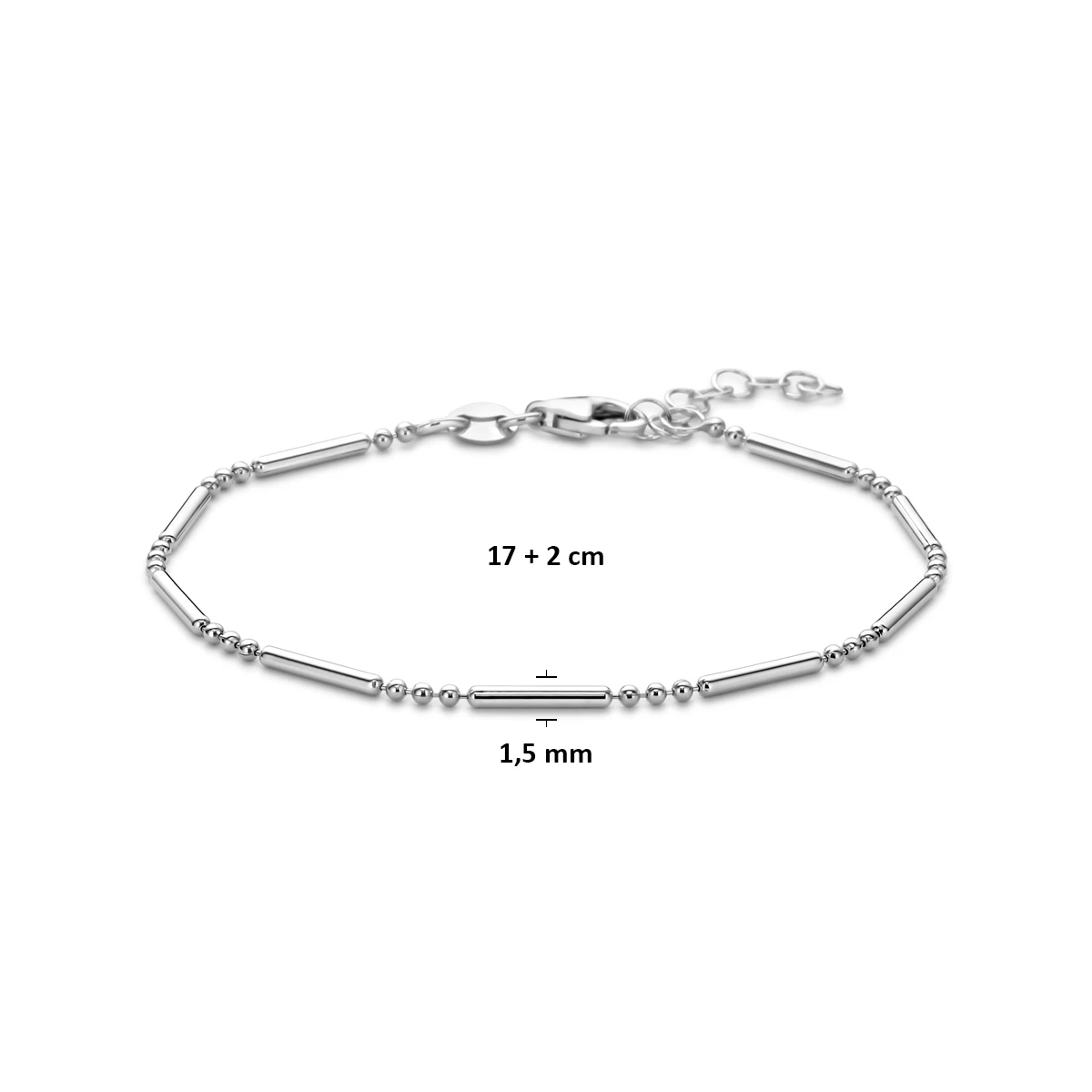 armband buisjes 1,5 mm 17 + 2 cm zilver gerhodineerd