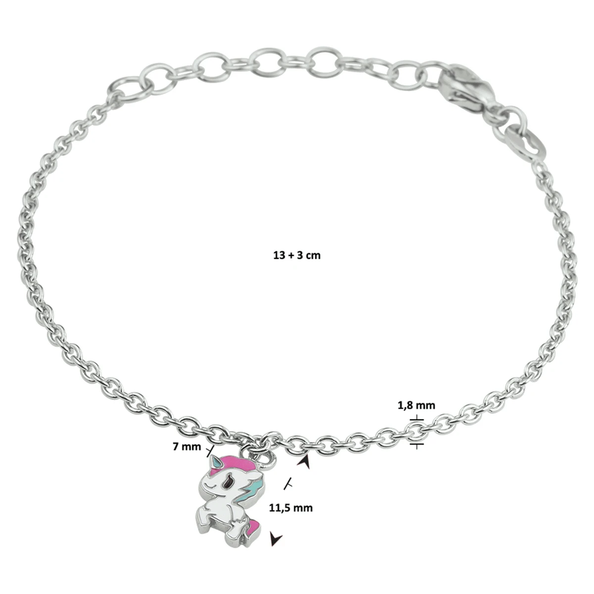 armband eenhoorn 13 + 3 cm zilver gerhodineerd