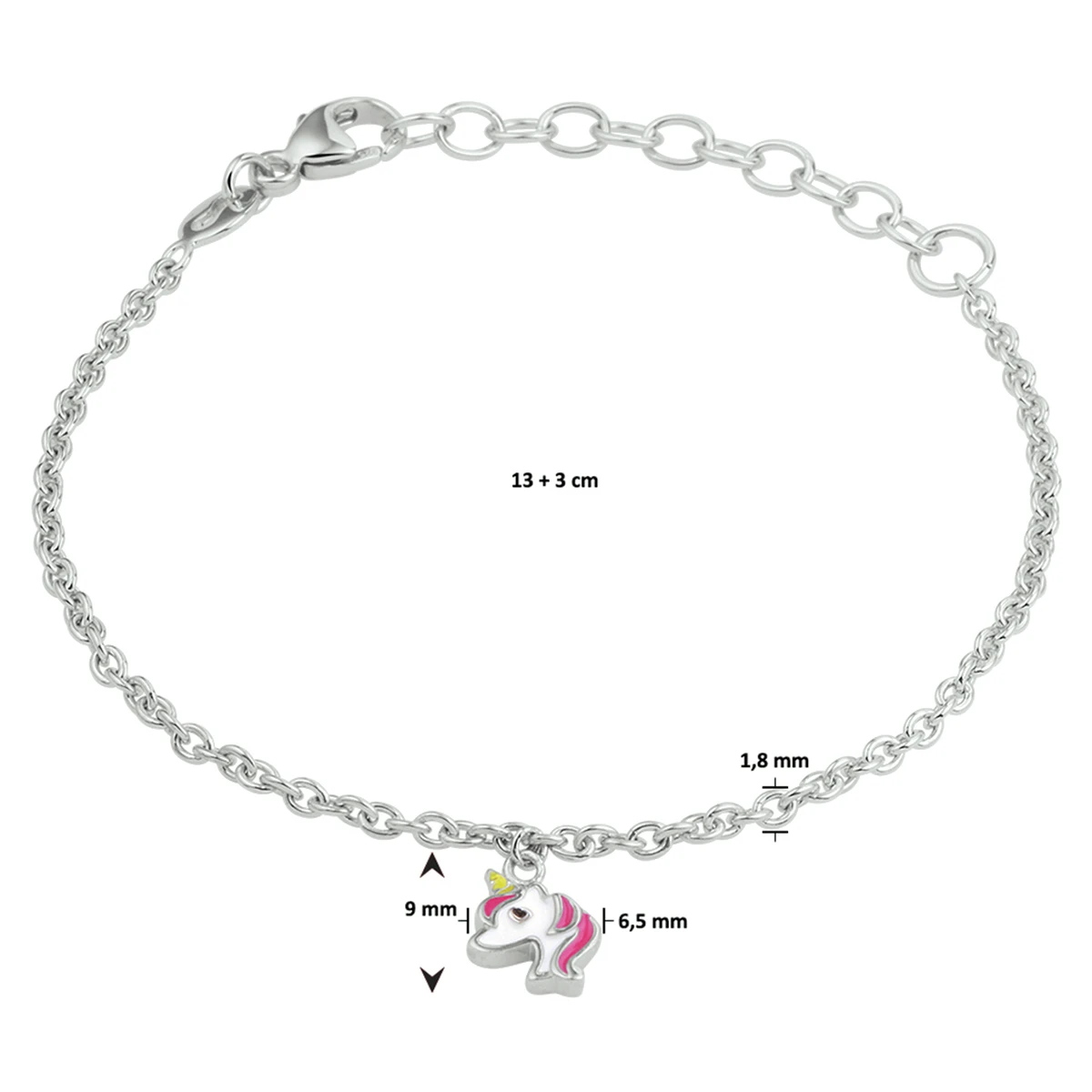 armband eenhoorn emaille 13 + 3 cm zilver gerhodineerd