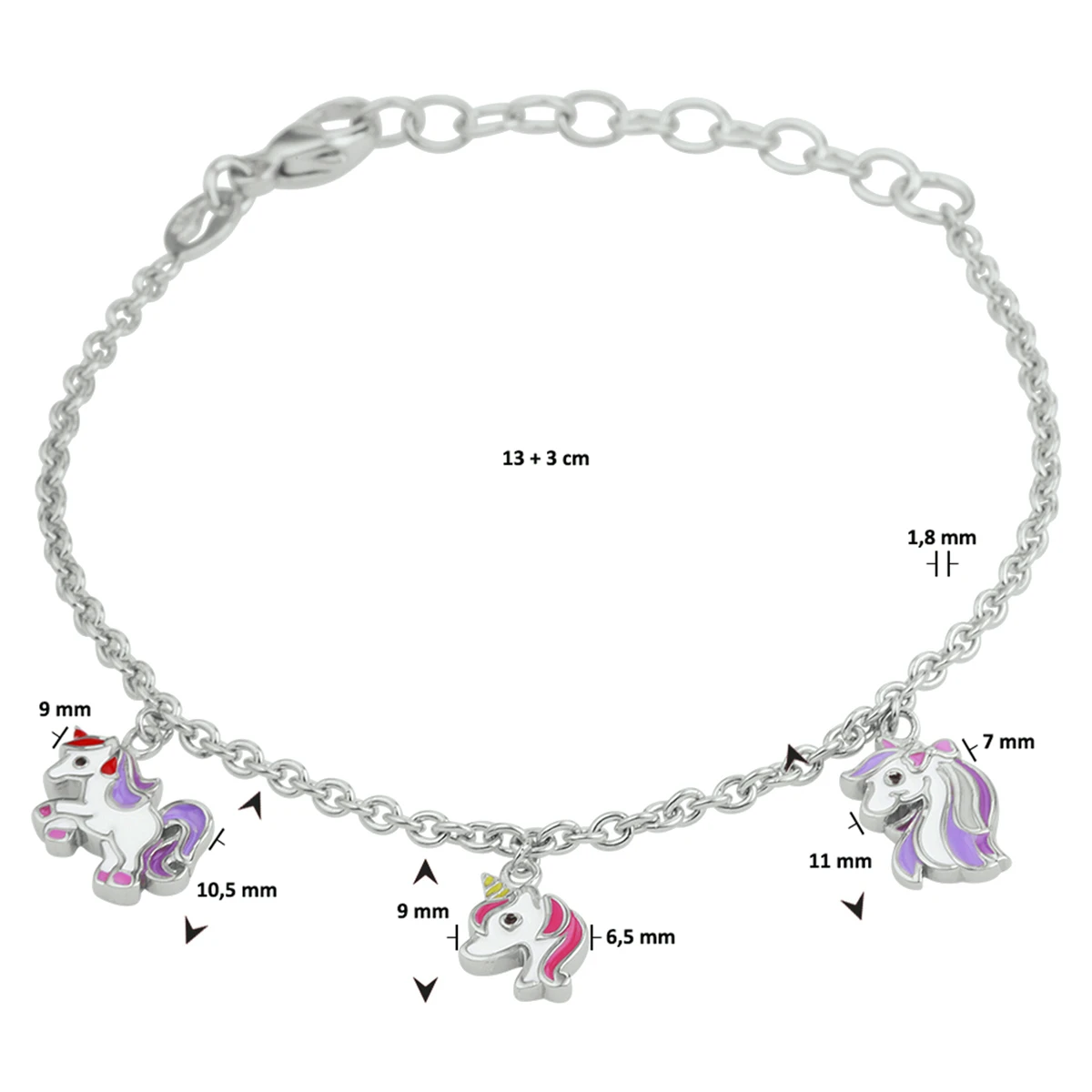 armband eenhoorn emaille 13 + 3 cm zilver gerhodineerd
