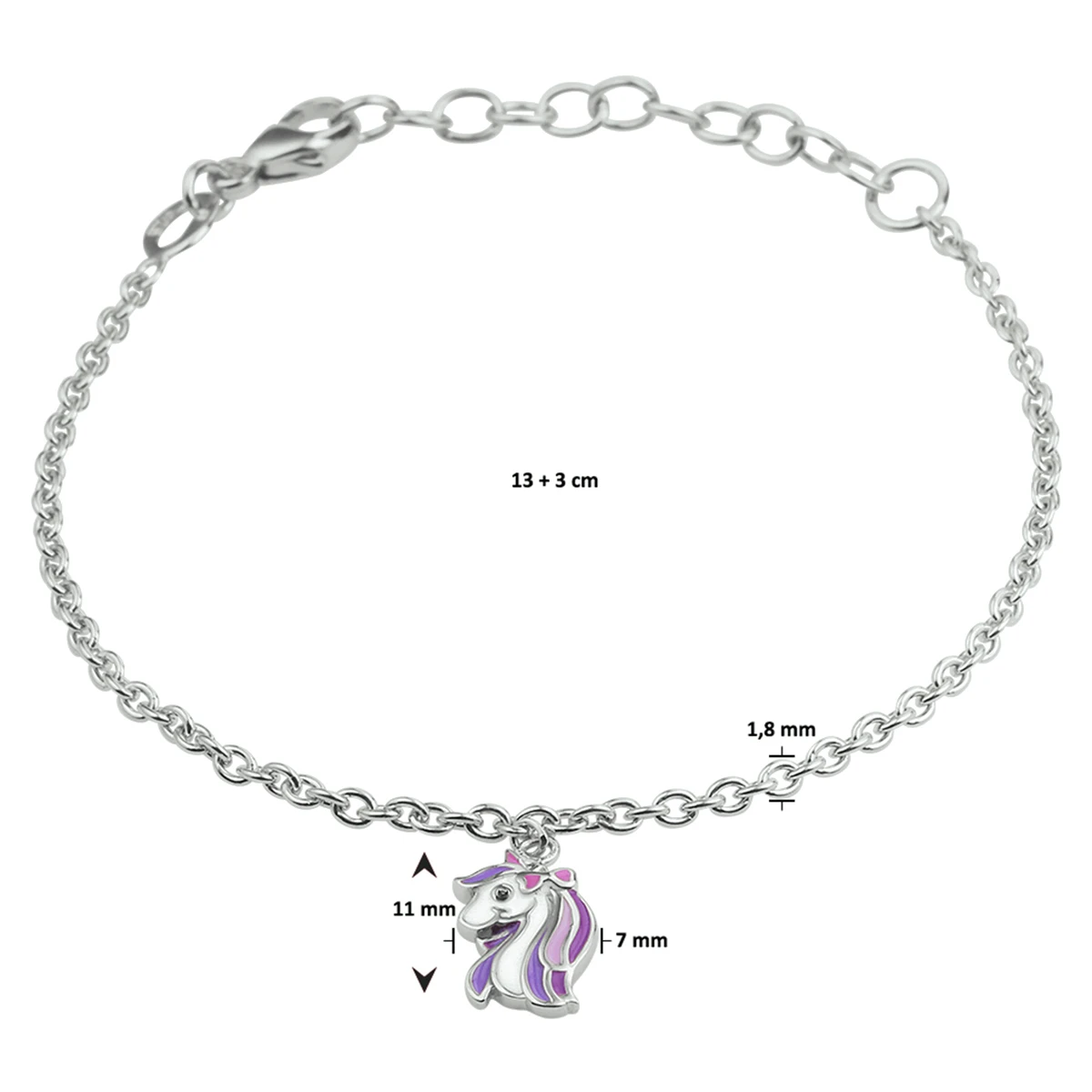 armband emaille eenhoorn 13 + 3 cm zilver gerhodineerd