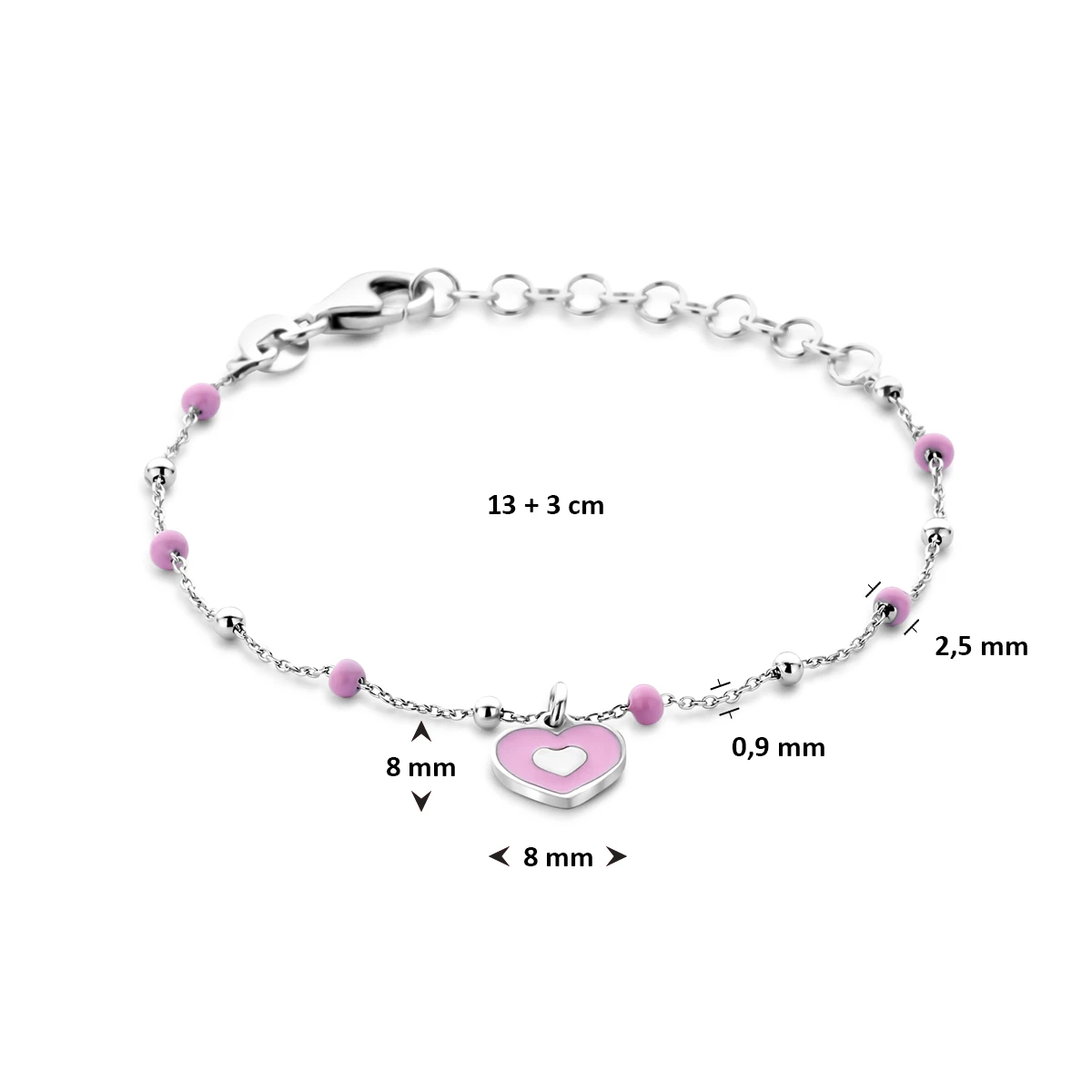 armband emaille hartje 13 + 3 cm zilver gerhodineerd