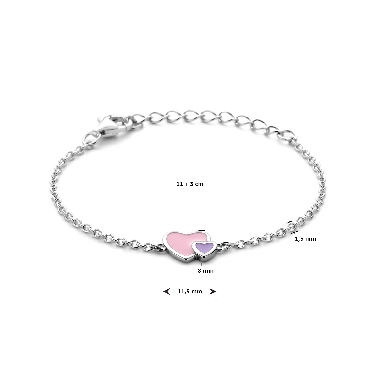 armband emaille hartjes 11 + 3 cm zilver gerhodineerd