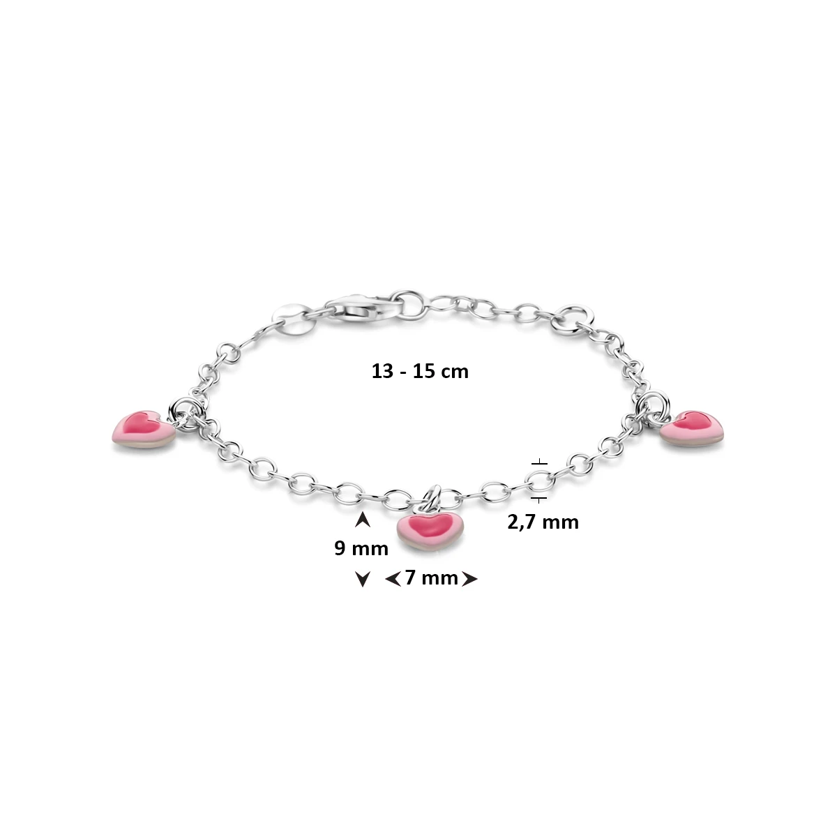 armband emaille hartjes 13 - 15 cm zilver gerhodineerd