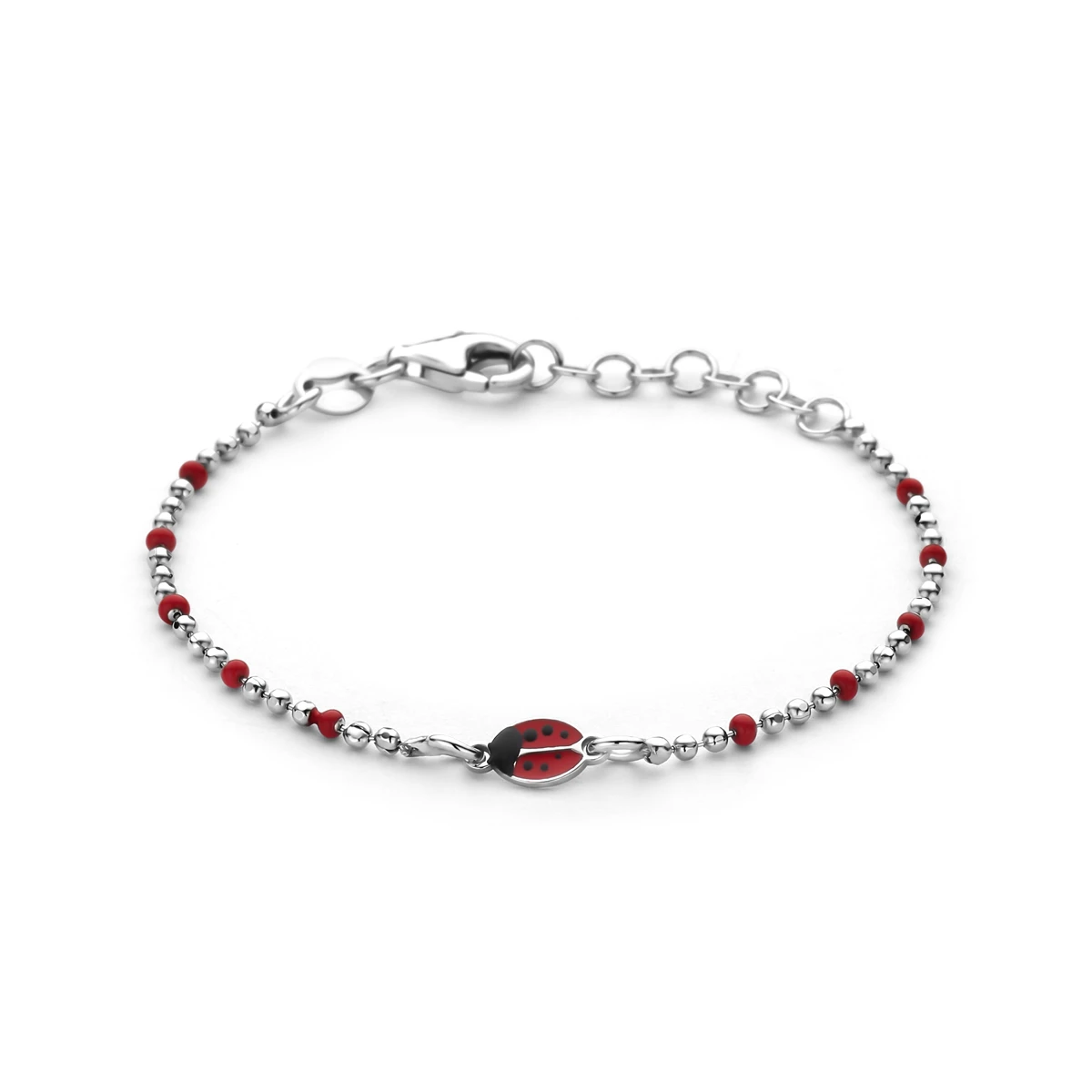 armband emaille lieveheersbeestjes 13 + 3 cm zilver gerhodineerd