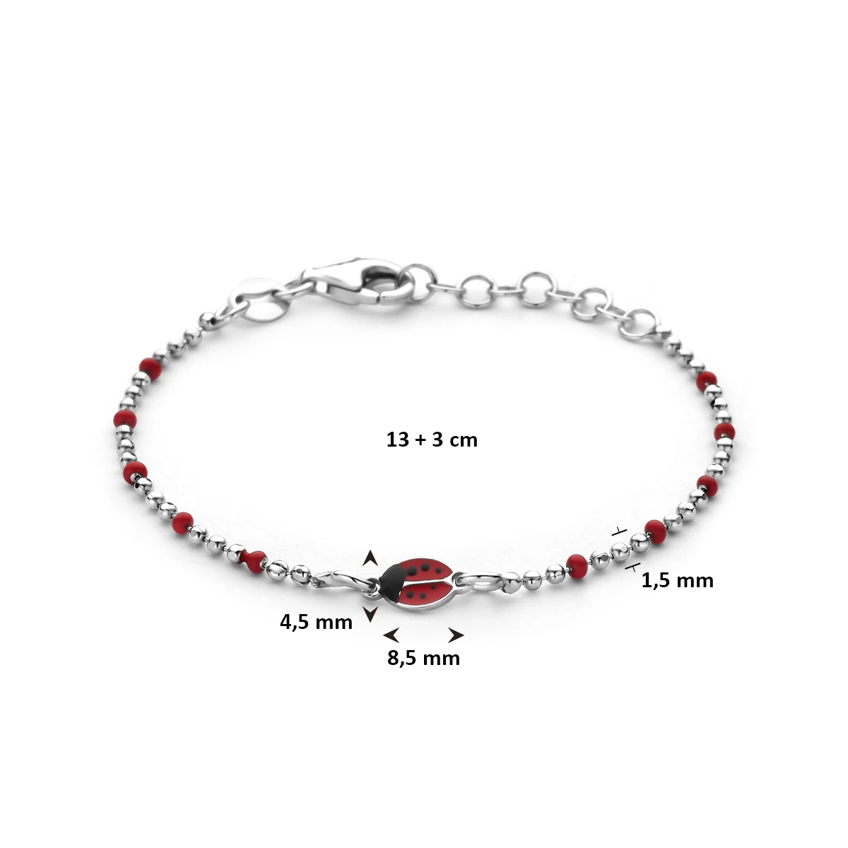 armband emaille lieveheersbeestjes 13 + 3 cm zilver gerhodineerd