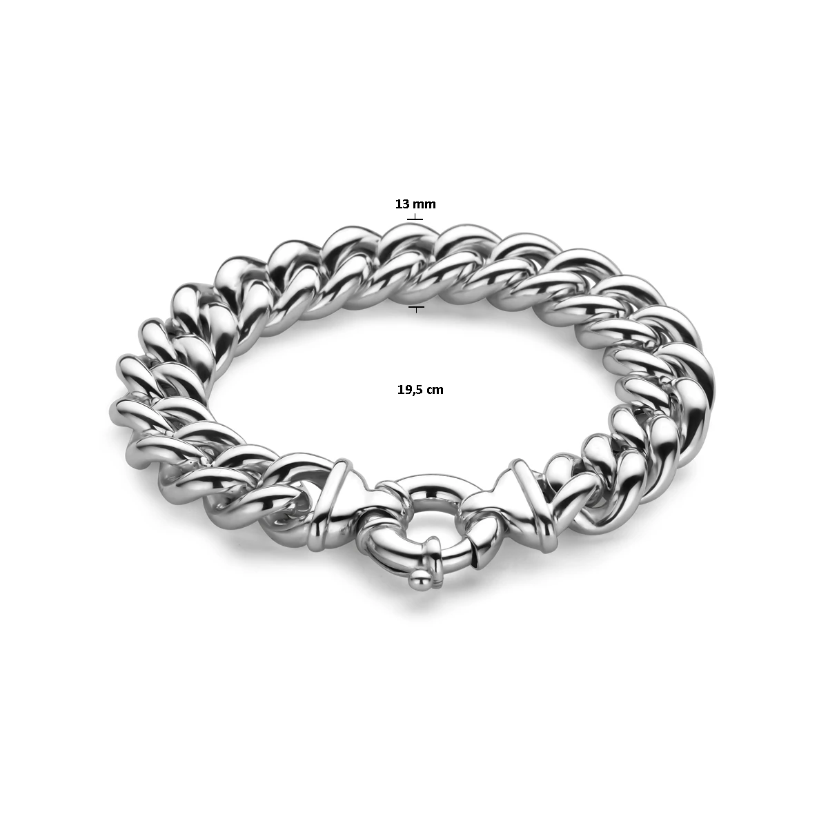 armband gourmette 13 mm 19,5 cm met groot springslot zilver wit