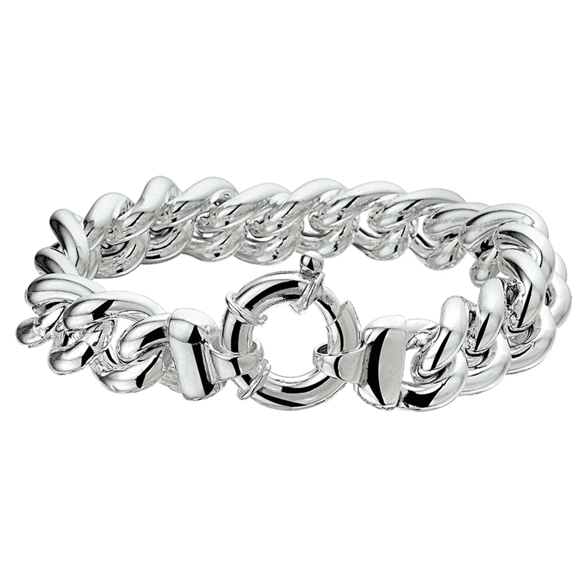 armband gourmette 14 mm 21 cm met groot veerslot zilver wit