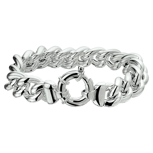 armband gourmette 14 mm 21 cm met groot veerslot zilver wit