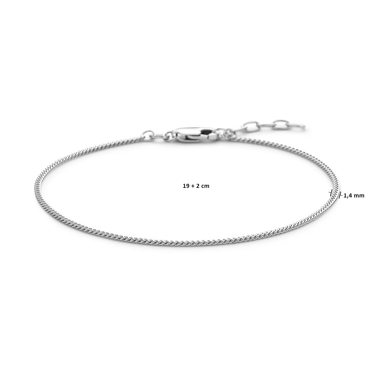 armband gourmette 4 zijdes geslepen 1,4 mm 19 + 2 cm zilver gerhodineerd