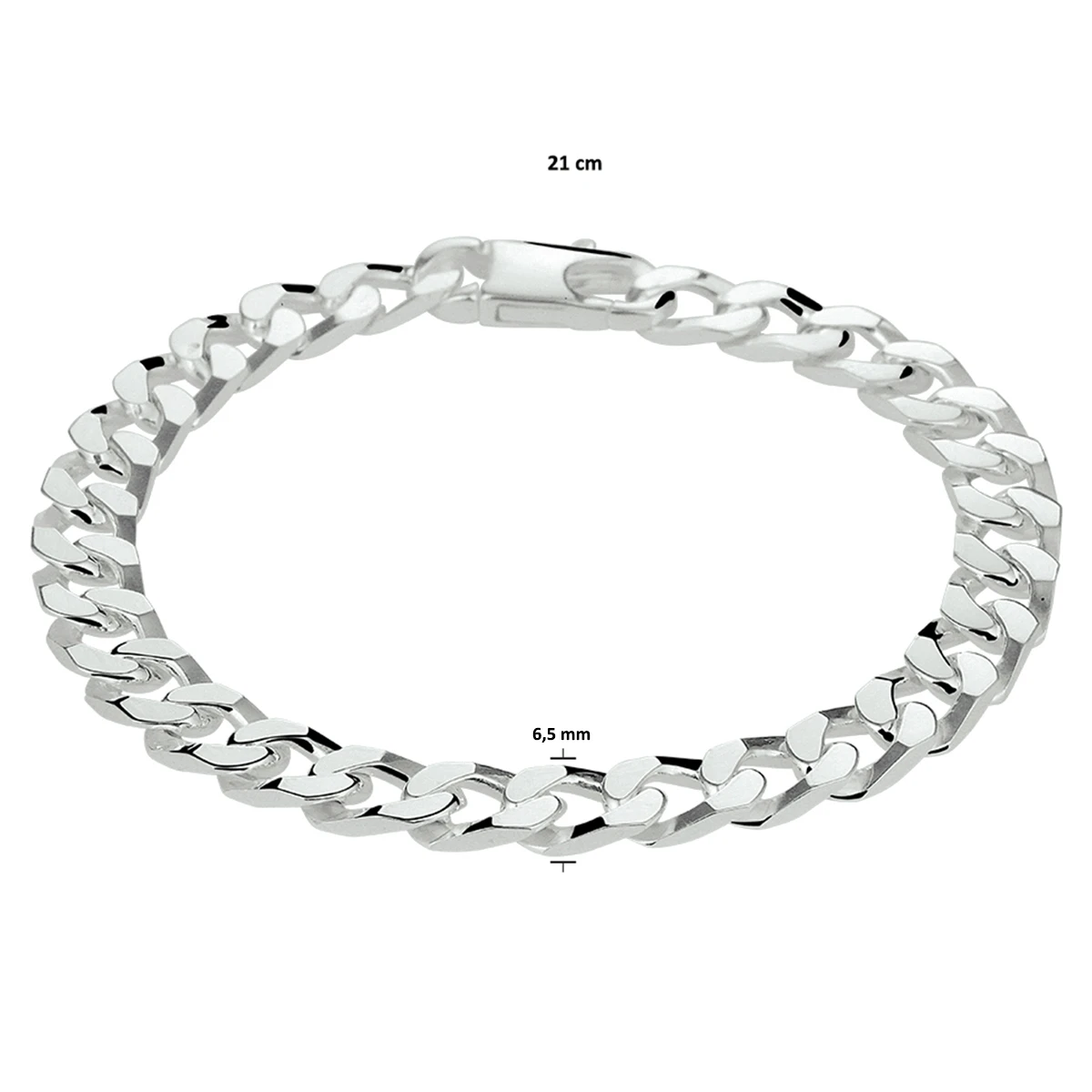 armband gourmette 6 zijdes geslepen 6,5 mm zilver wit