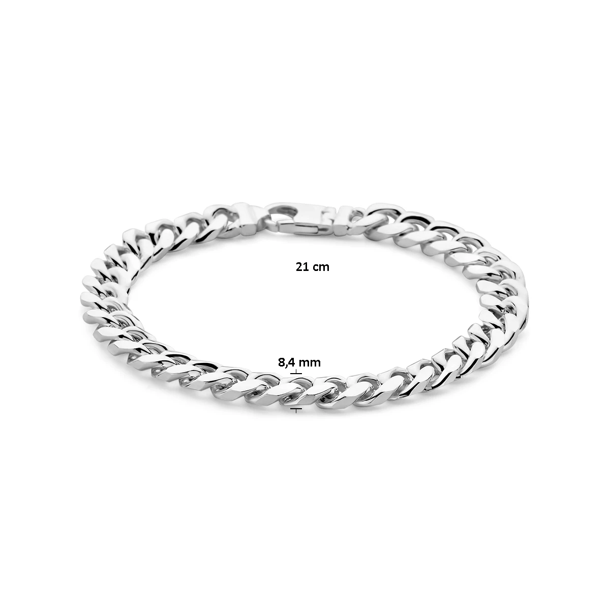 armband gourmette 6 zijdes geslepen 8,4 mm 21 cm zilver wit