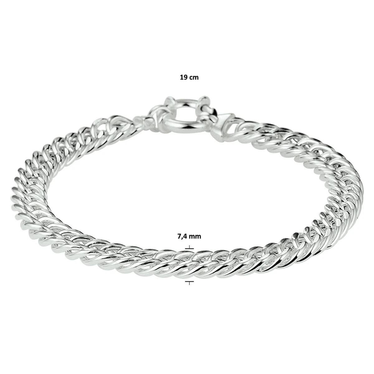armband gourmette 7,4 mm 19 cm met groot veerslot zilver wit