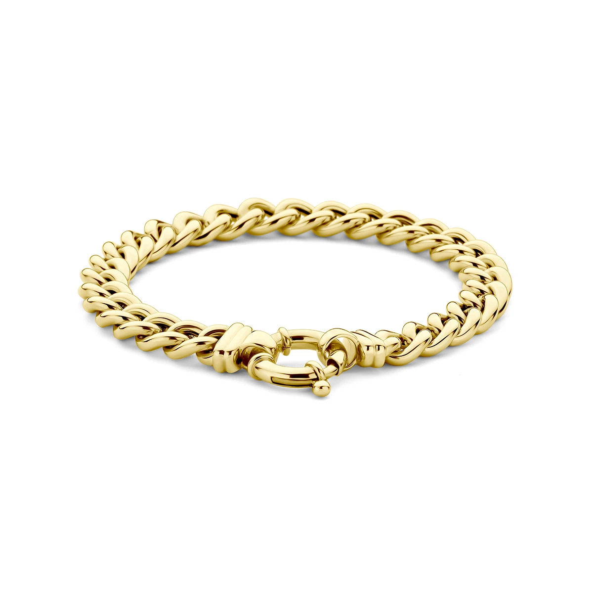 armband gourmette 7,7 mm 19 cm met groot veerslot 14K geelgoud