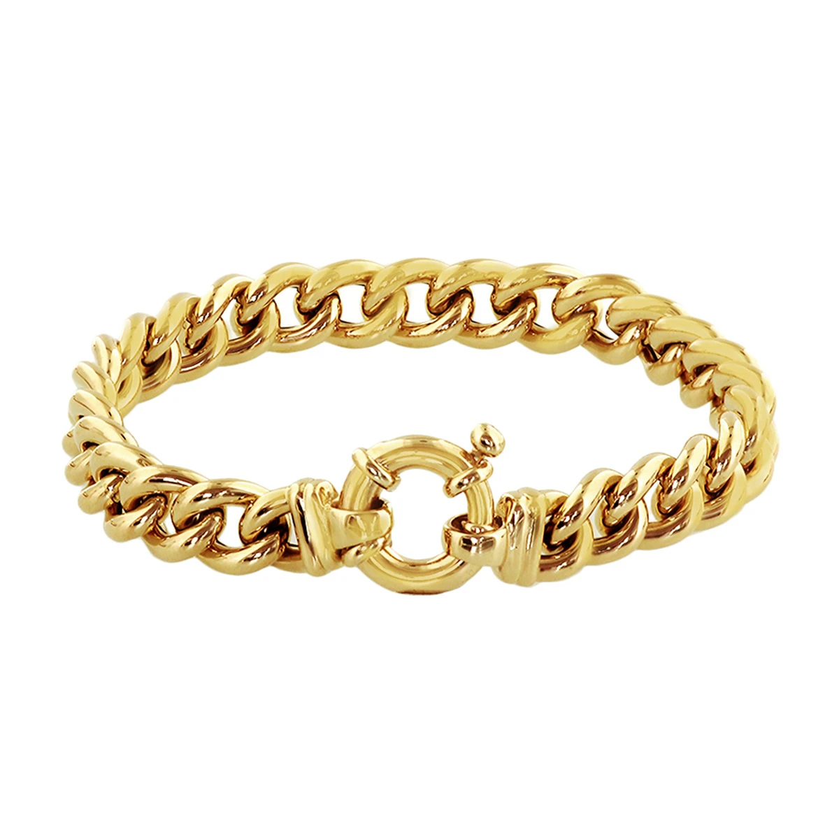 armband gourmette 9 mm 19 cm met groot veerslot 14K geelgoud