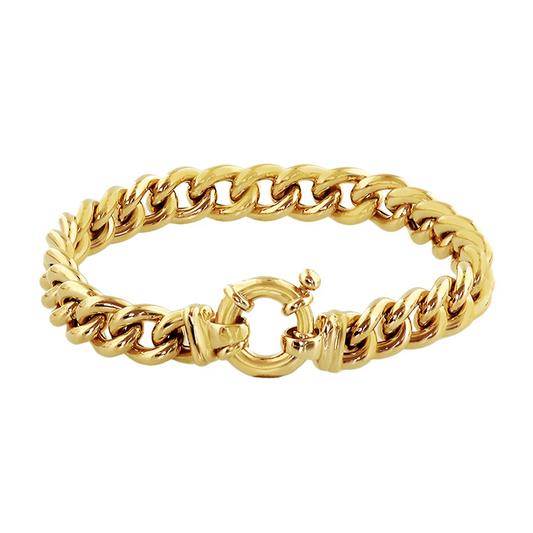 armband gourmette 9 mm 19 cm met groot veerslot 14K geelgoud
