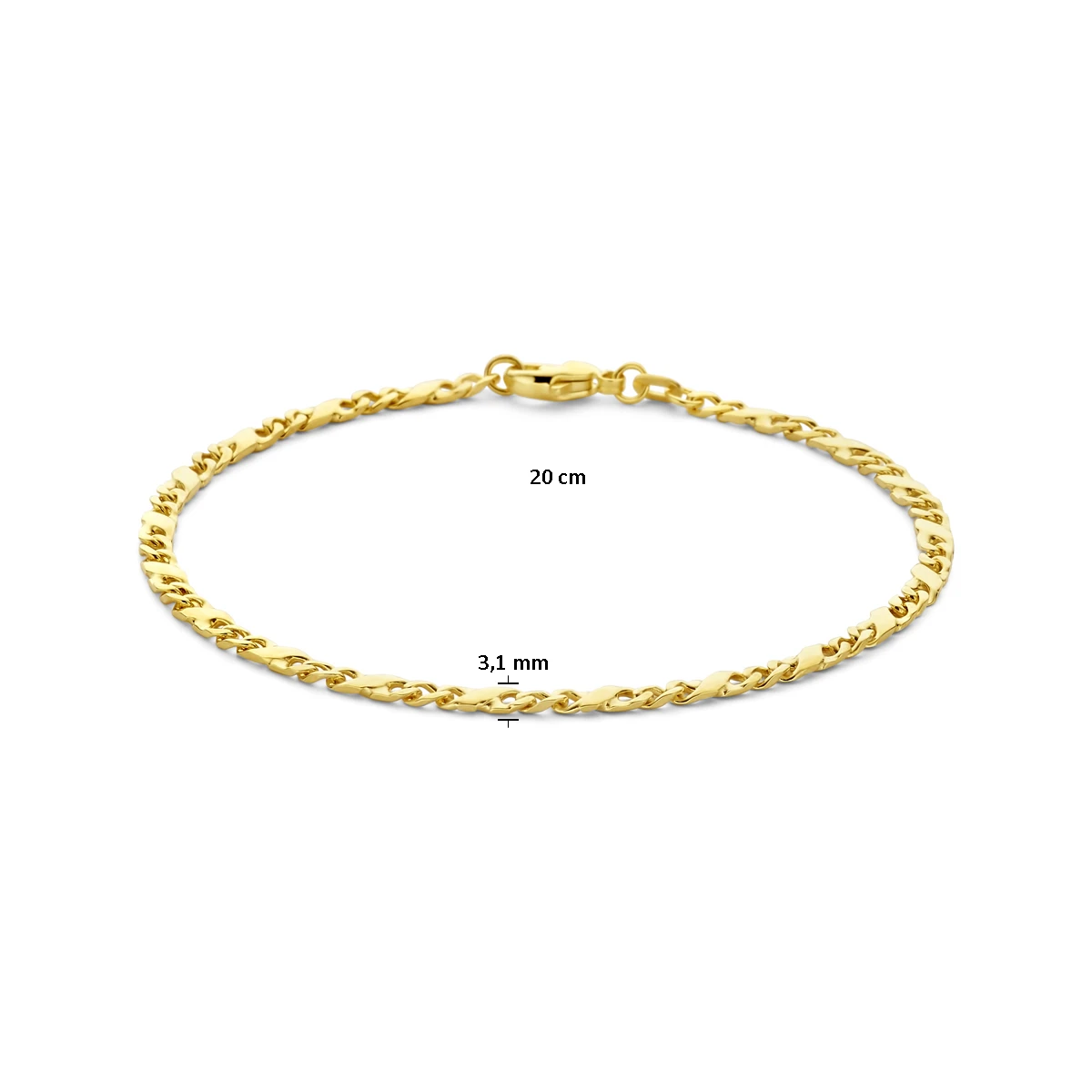 armband gourmette met tussenstuk 4 zijdes geslepen 3,1 mm 14K geelgoud