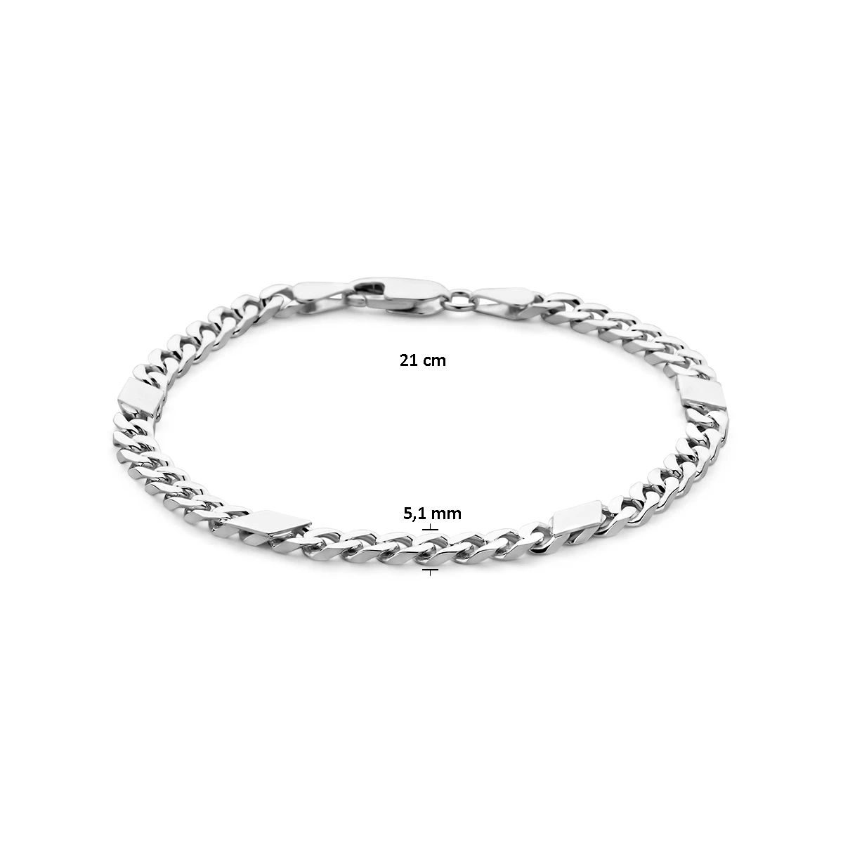 armband gourmette met tussenstuk 6 zijdes geslepen 5,1 mm 21 cm zilver wit