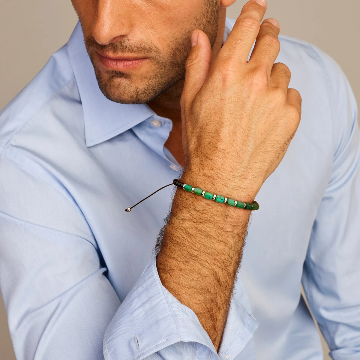 armband groen agaat 19 - 30 cm zilver gerhodineerd met rubber/nylon/leer