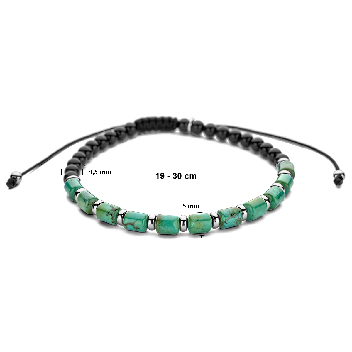 armband groen agaat 19 - 30 cm zilver gerhodineerd met rubber/nylon/leer