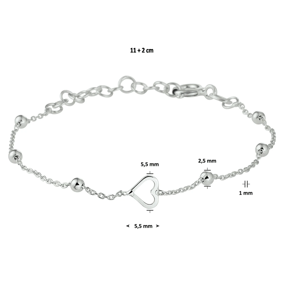 armband hart 11 + 2 cm zilver gerhodineerd