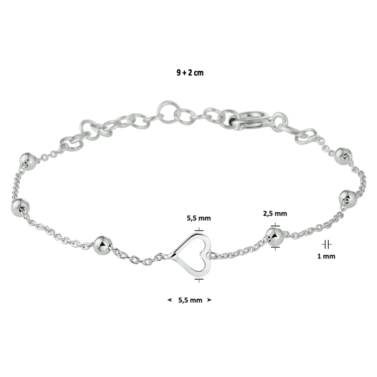 armband hart 11 + 2 cm zilver gerhodineerd