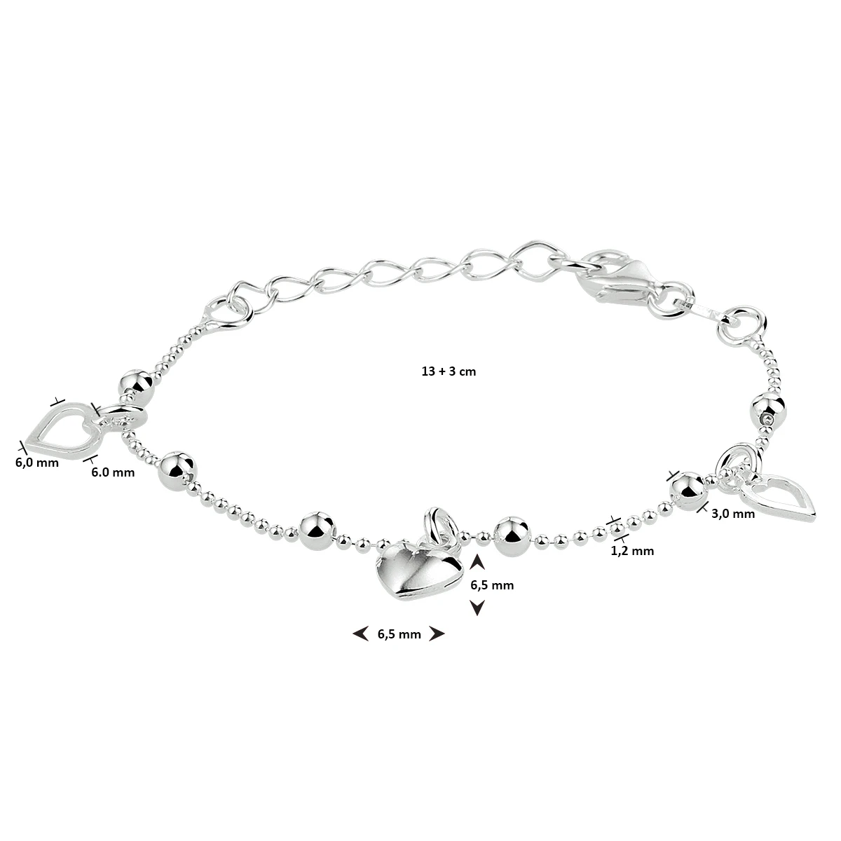 armband hart 13 + 3 cm zilver gerhodineerd