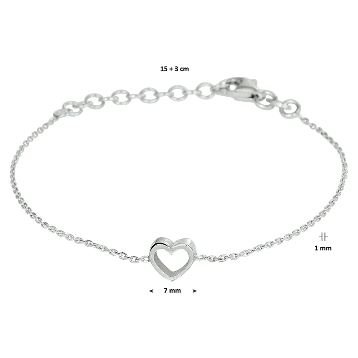 armband hart 15 + 3 cm zilver gerhodineerd