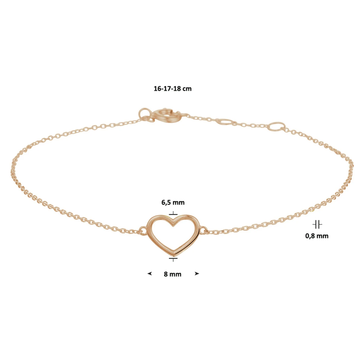 armband hart 16 - 17 - 18 cm 14K roségoud