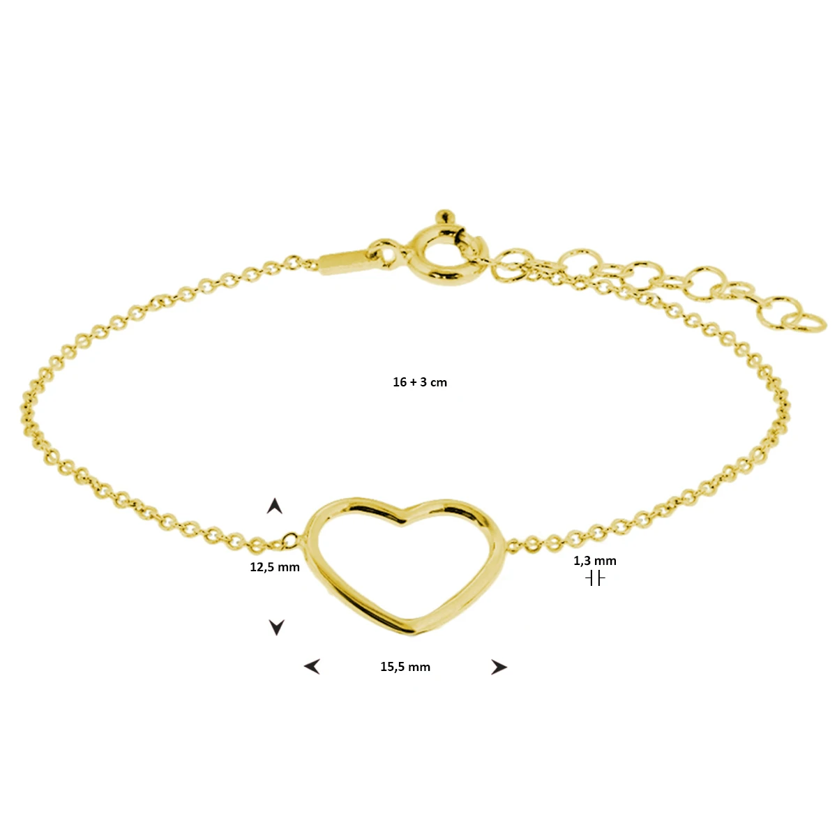 armband hart 16 + 3 cm 3 micron zilver verguld (geel)