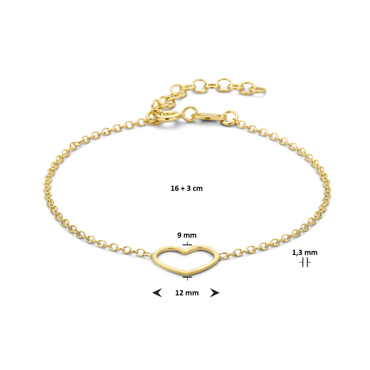 armband hart 16 + 3 cm 3 micron zilver verguld (geel)